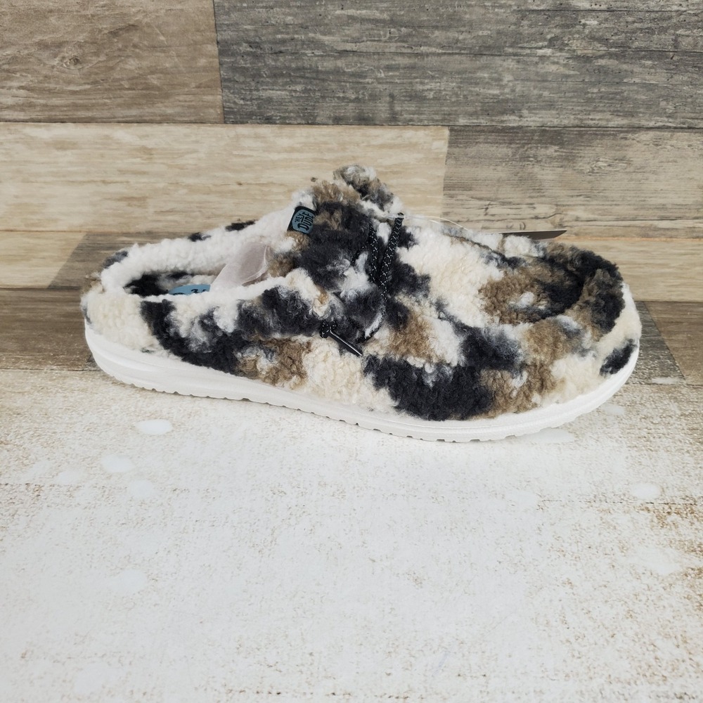 Hey Dude Wendy Slipper Cozy Mens Sz 9 White Camo Slip On Faux Shearling Comfort